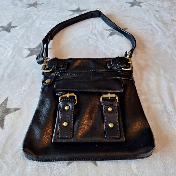 Black Zip Top Adjustable‎ Crossbody Strap Shoulder Bag Biker Goth Buckles - Picture 1 of 10